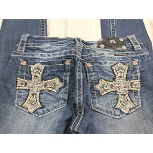 Miss Me Jeans Sz 28 Blue Embellished Crosses Embroidered Signature Skinny 29x31